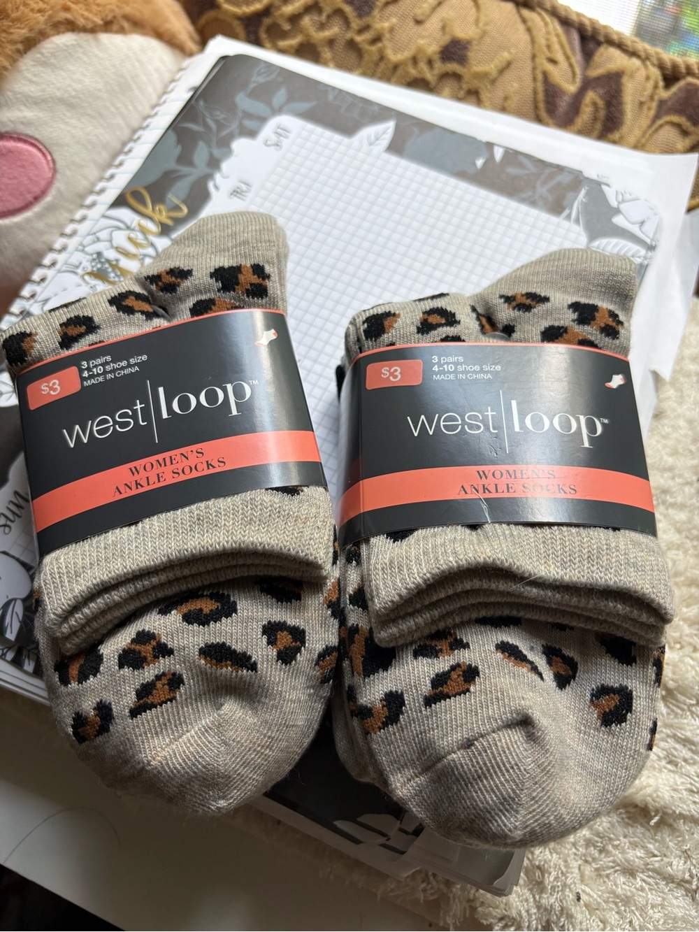 6 Pairs of Women's Leopard Ankle Socks - Beige, Black, Brown